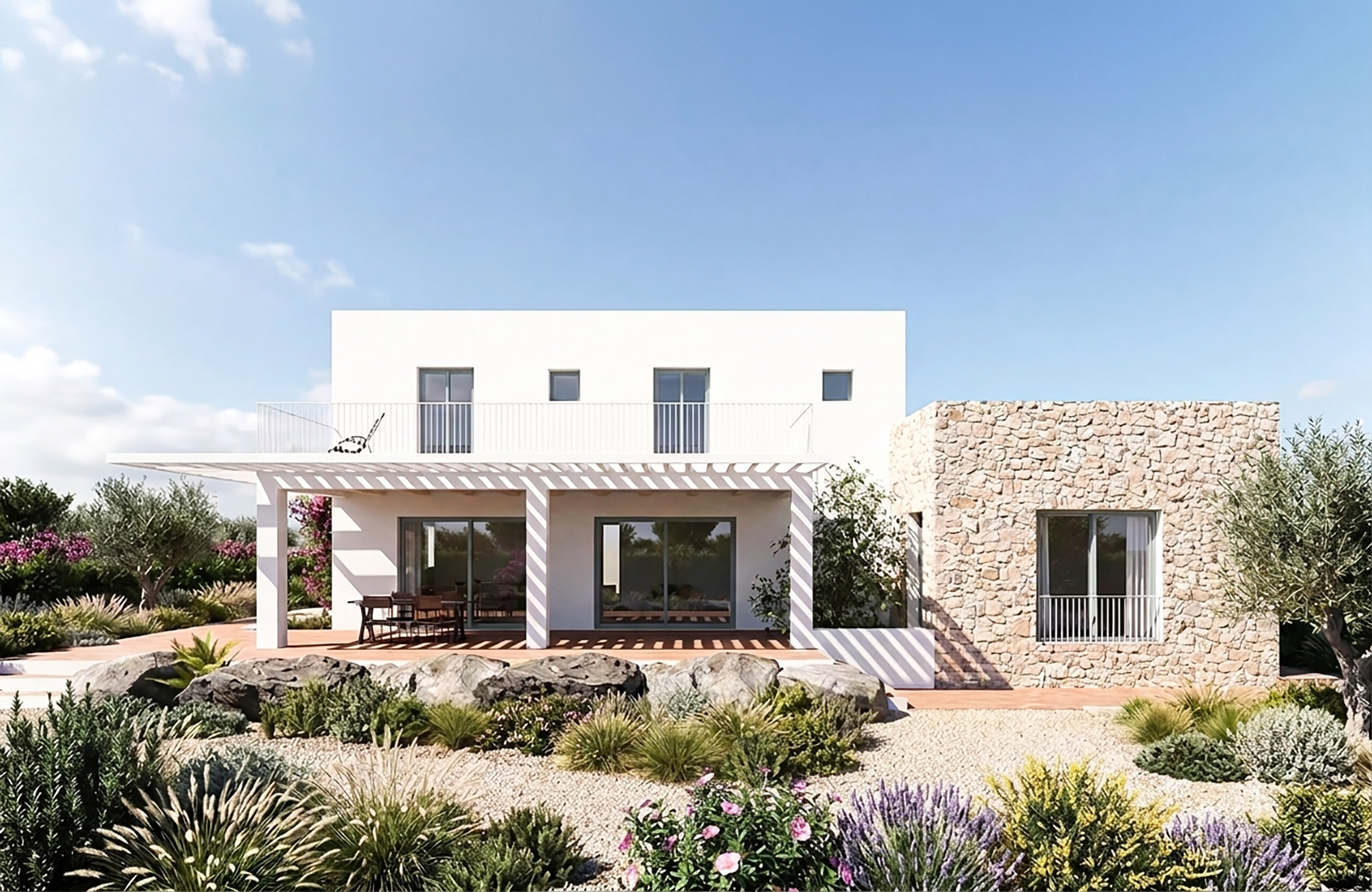 Render esterno della villetta in stile mediterraneo in Calabria con facciata in pietra e intonaco bianco