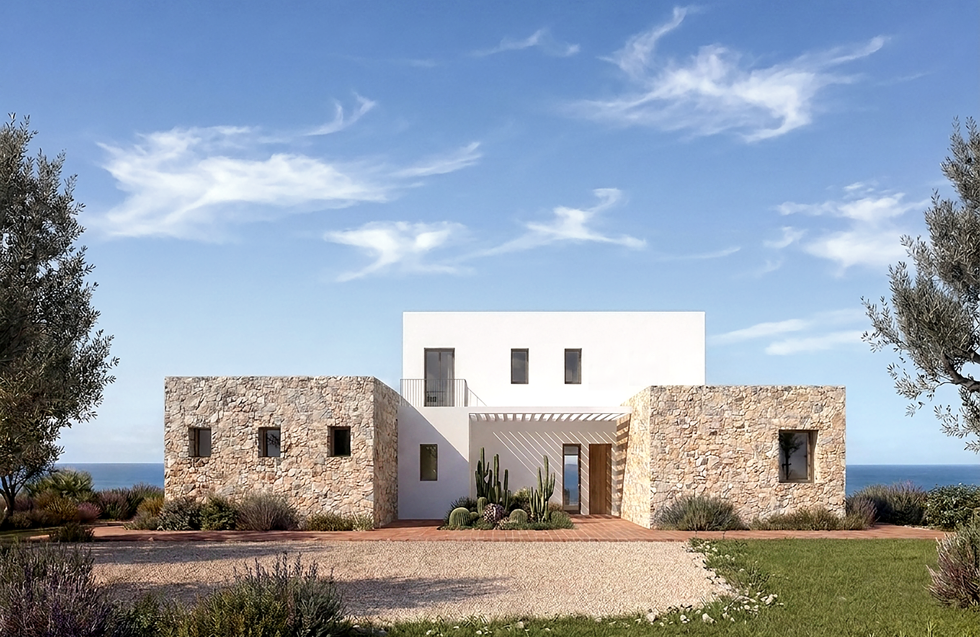Render esterno della villetta in stile mediterraneo in Calabria con facciata in pietra e intonaco bianco